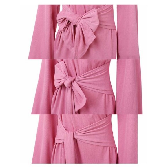 SOLERSUN Dusty Pink Wrap Long Sleeve Bodycon Tie Waist Sweater Pencil Dress Sz L - Picture 4 of 7